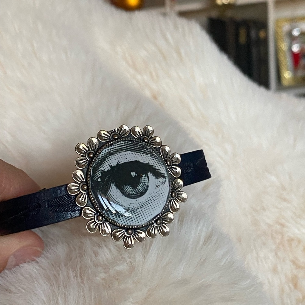 Fornasetti black leather Bracelet with black Band Evil eye Protection - Picture 6 of 7